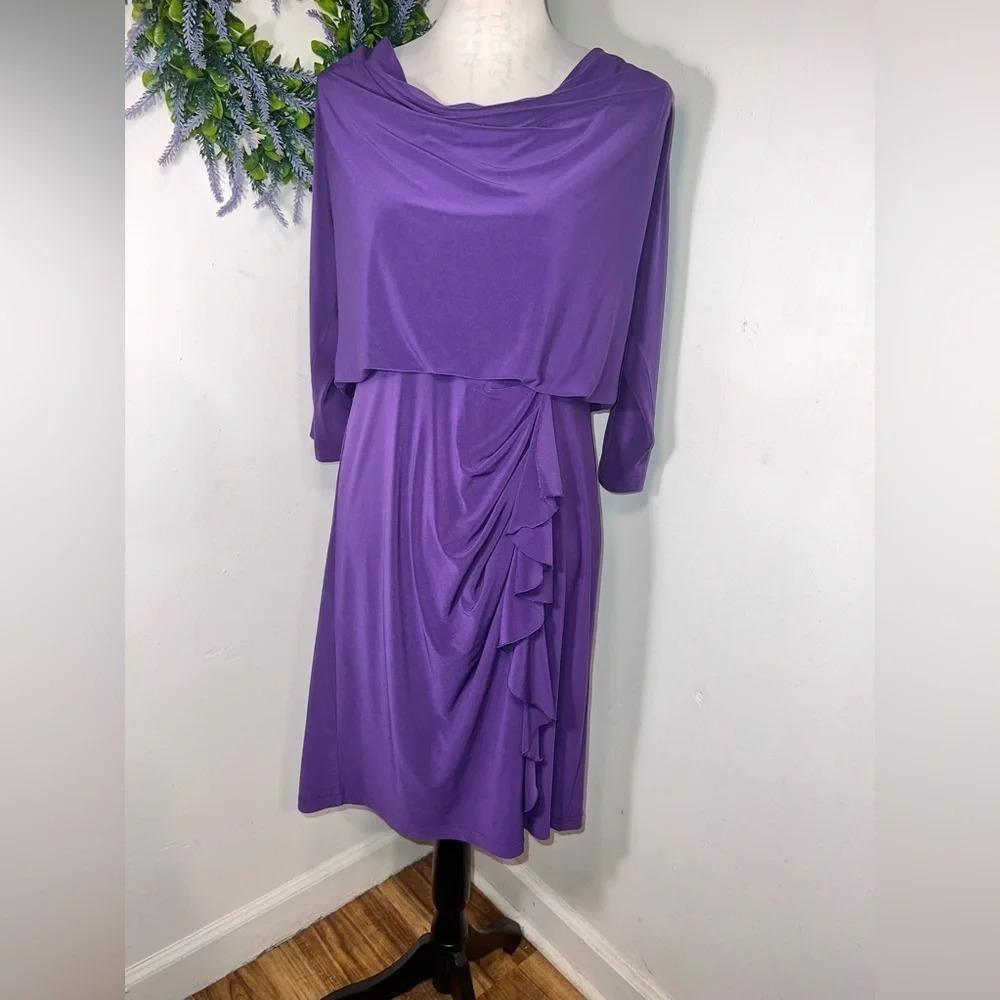 Adriana Papel,10,plunging neckline,cascading ruffle waist3/4 sleeve stretch midi